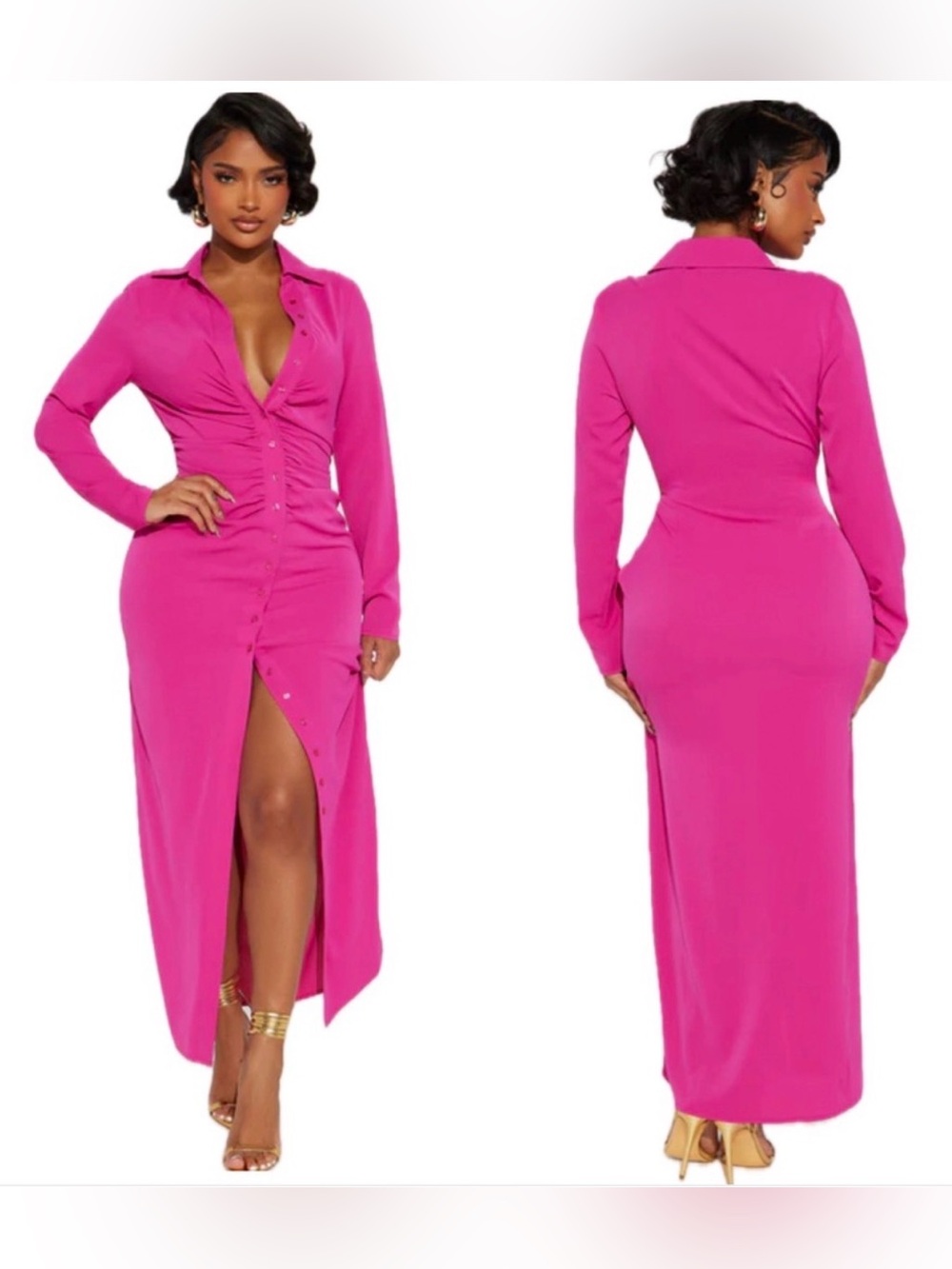 Fashion Nova Hot Pink Ruched Button-Front Maxi Dress